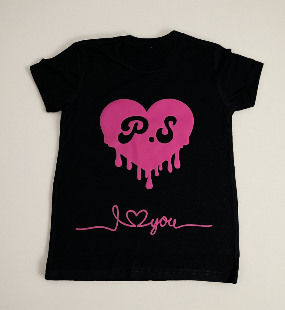 Youth Short Sleeve T-Shirt Black with Pink P.S I Love You Logo