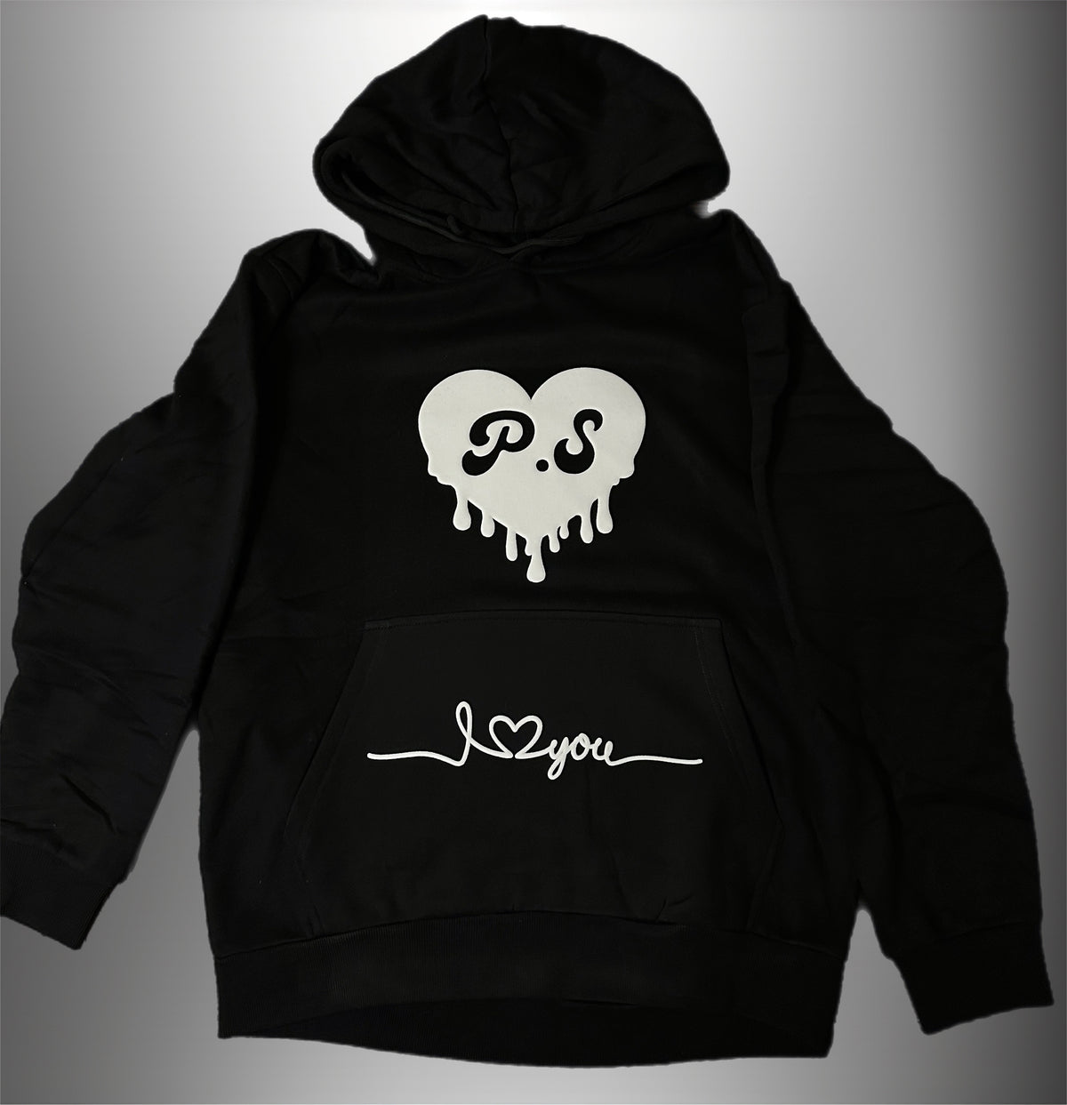 Black Men's Hoodie with White PUFF P.S I Love You Logo