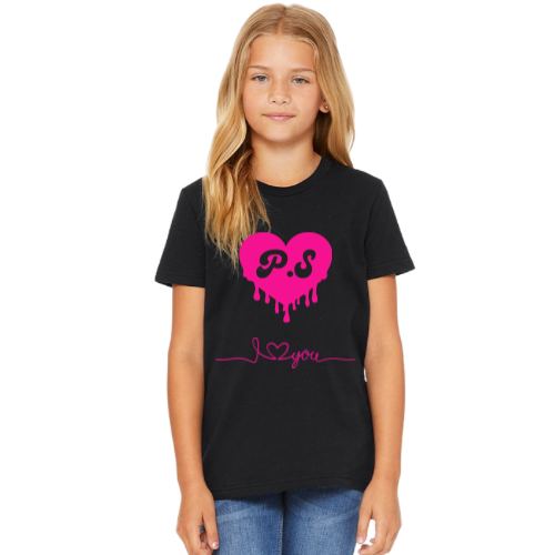 Youth Short Sleeve T-Shirt Black with Pink P.S I Love You Logo